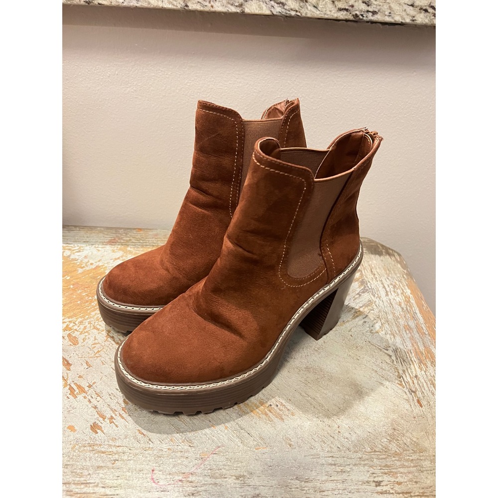 Madden Girl Womens Cognac Brown Faux Suede Platform Chunky Heel Boots 9.5M
